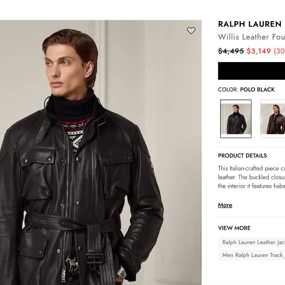 Ralph Lauren black heavy duty belted leather jacket with red lining. NEW